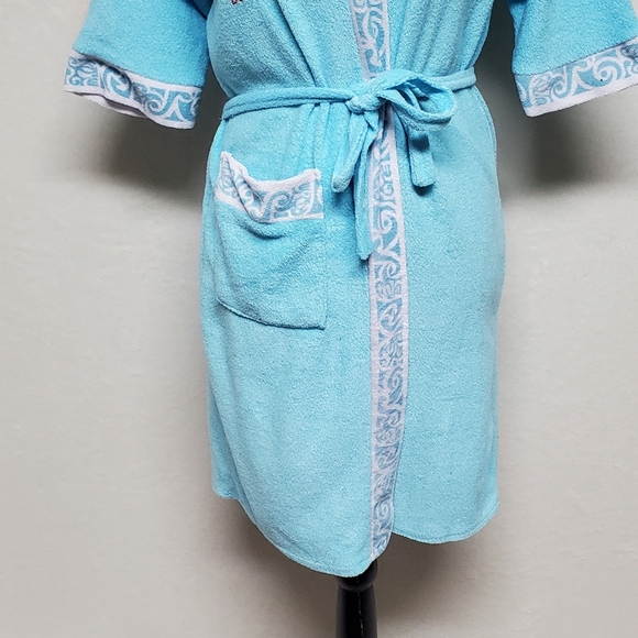Rare Vintage 60s Dolphins Sky Blue Terrycloth Hawaiian Tie-Waist Mini Robe L - Picture 7 of 14